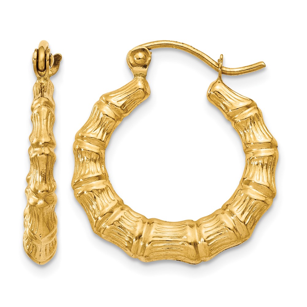 14K Yellow Gold Polished Bamboo Design Hollow Hoop Earrings