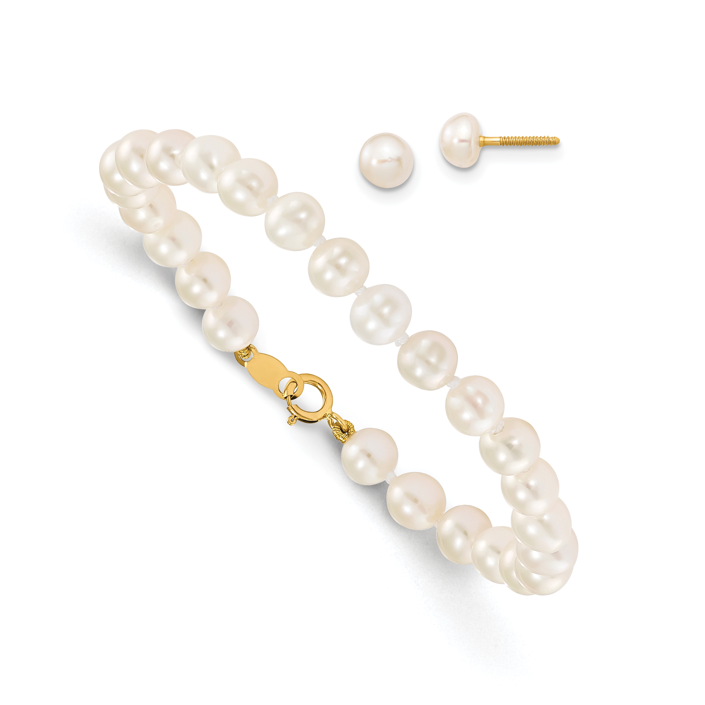 14k Madi K 4-5mm White Freshwater Cultured Pearl 5.5 inch Bracelet and Post Earrings Set (SE1338)