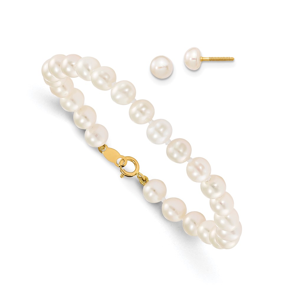 14k Madi K 4-5mm White Freshwater Cultured Pearl 5.5 inch Bracelet and Post Earrings Set (SE1338)