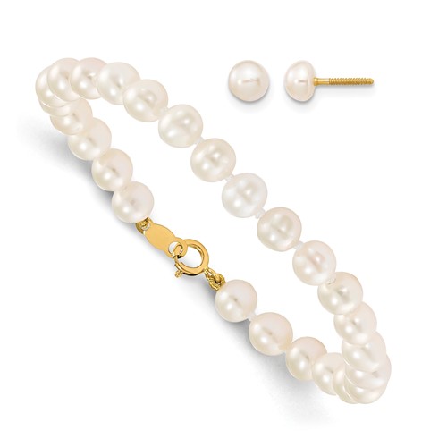 14K Yellow Gold Madi K 4-5mm White Freshwater Cultured Pearl Bracelet and Post Earrings Set, 5.5"