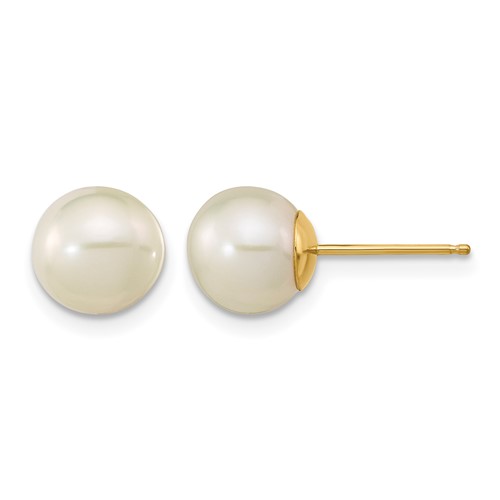 14K Yellow Gold Madi K 7-8mm White Round Freshwater Cultured Pearl Post Earrings with Silicone Backs
