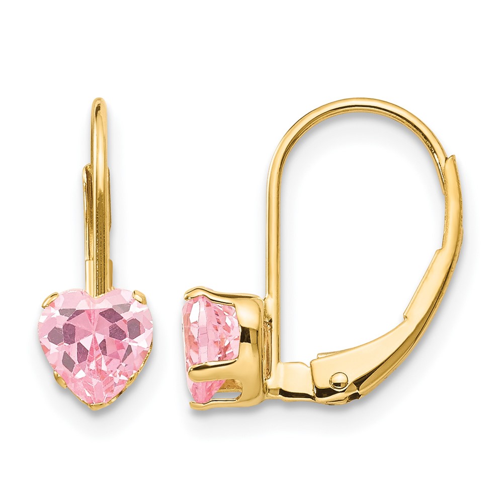 14K Yellow Gold Madi K 5.00mm Pink CZ Heart Leverback Earrings