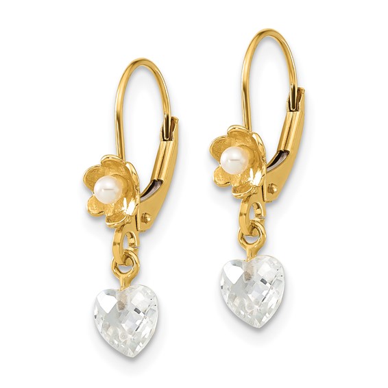 14ky Polished Freshwater Cultured Pearl & CZ Flower Leverback Earrings