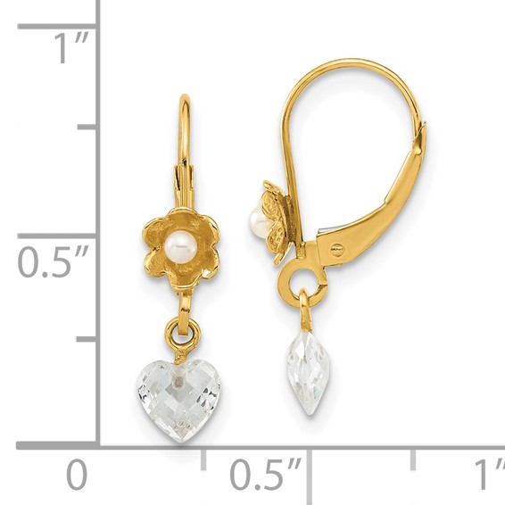 14ky Polished Freshwater Cultured Pearl & CZ Flower Leverback Earrings