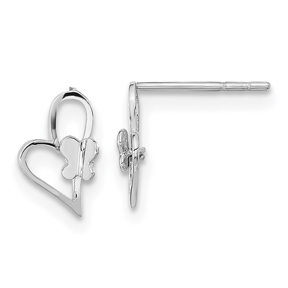 14k White Gold Madi K Heart with Butterfly Childrens Post Earrings
