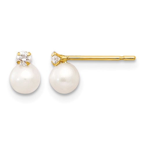 14K Yellow Gold Madi K 5-6mm White Near Round Freshwater Cultured Pearl and CZ Post Earrings