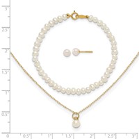 14K Yellow Gold Madi K White Freshwater Cultured Pearl Necklace Post Earrings 5.5 Inch Bracelet 3-piece Set, 15" view 4