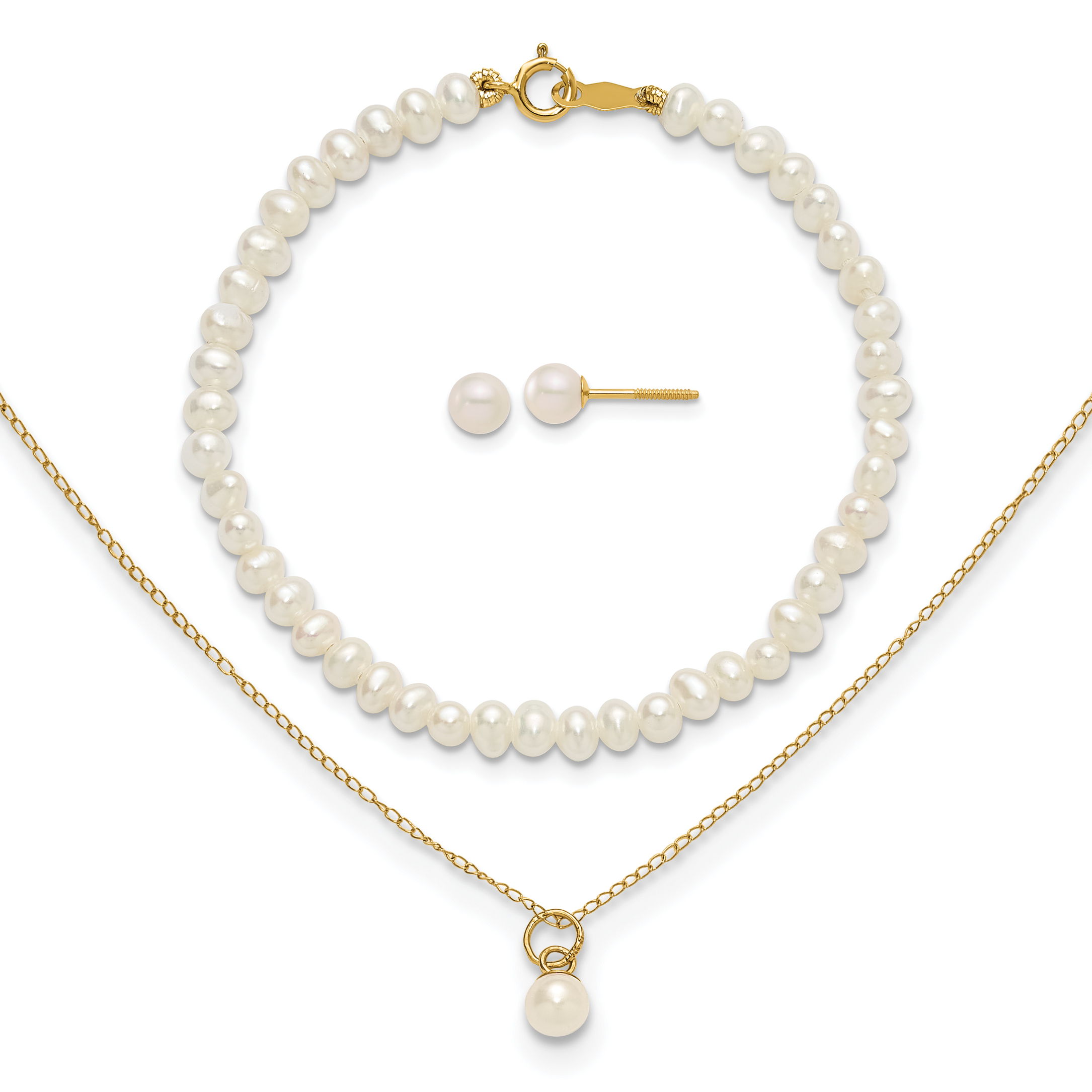 14k Madi K White FWC Pearl 15 Necklace, Earrings & 5.5 Bracelet 3pc Set (SE2385)