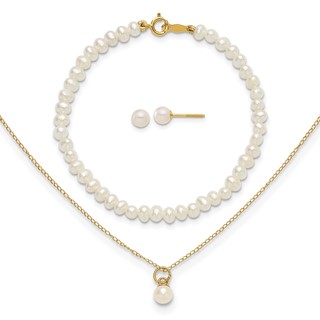 14k Madi K White Freshwater Cultured Pearl 15 inch Necklace/Post Earrings/5.5 inch Bracelet 3-piece Set