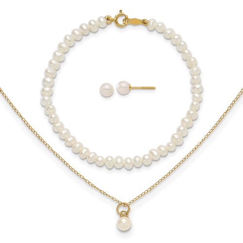 14K Yellow Gold Madi K White Freshwater Cultured Pearl Necklace Post Earrings 5.5 Inch Bracelet 3-piece Set, 15"