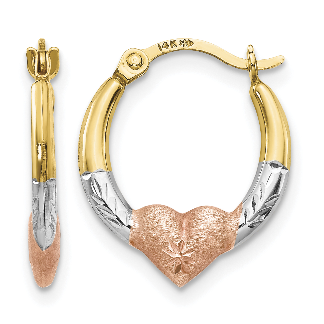 14K w/Rose and White Rhodium Madi K Heart Hoop Earrings (SE2416)