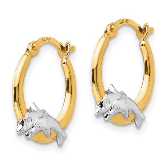 14K and White Rhodium Madi K Dolphin Childrens Hoop Earrings