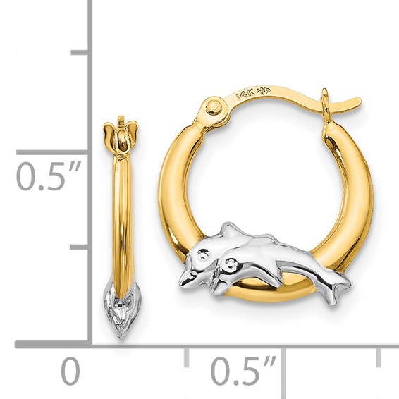 14K and White Rhodium Madi K Dolphin Childrens Hoop Earrings