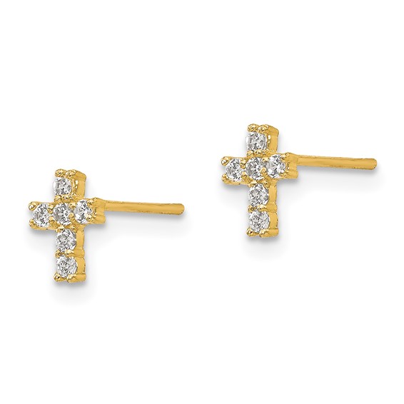 14K Madi K Polished CZ Cross Childrens Post Earrings