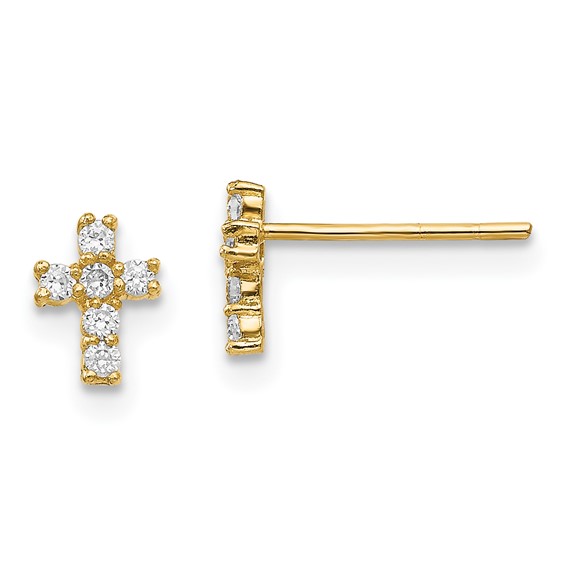14K Madi K Polished CZ Cross Childrens Post Earrings