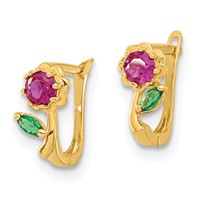 14K Yellow Gold Madi K Polished Red and Green CZ Flower Hinged Earrings view 2