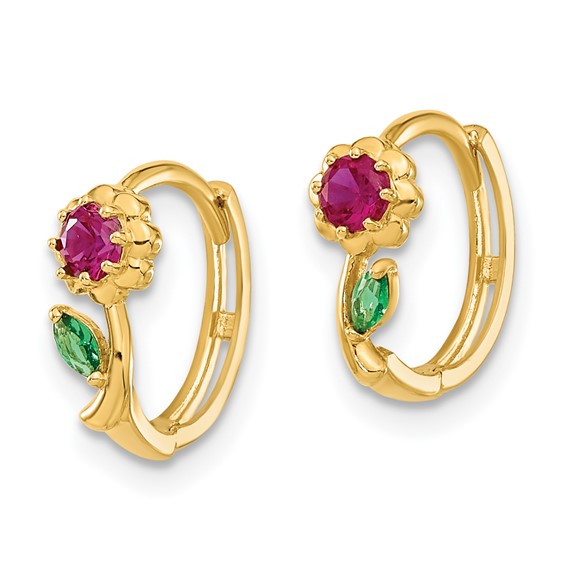 14k Madi K Red and Green CZ Childrens Hinged Hoop Earrings