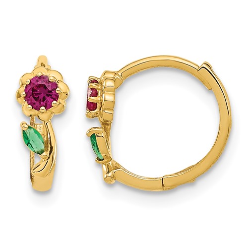 14K Yellow Gold Madi K Red and Green CZ Hinged Hoop Earrings