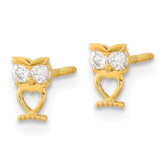 14k Madi K Owl with CZ Eyes Screwback Childrens Post Earrings