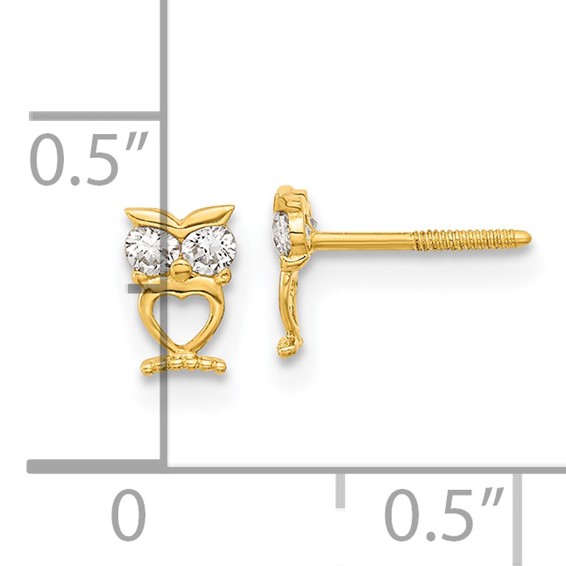 14k Madi K Owl with CZ Eyes Screwback Childrens Post Earrings