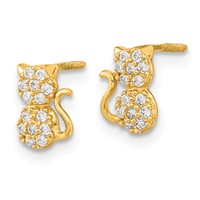 14K Yellow Gold Madi K Polished CZ Sitting Cat Screwback Post Earrings view 2