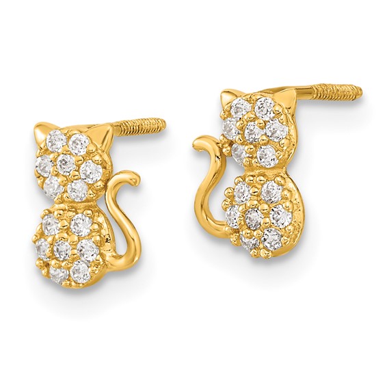14k Madi K Polished CZ Sitting Cat Childrens Screwback Post Earrings