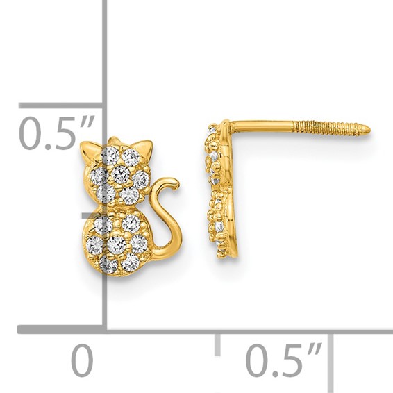 14k Madi K Polished CZ Sitting Cat Childrens Screwback Post Earrings