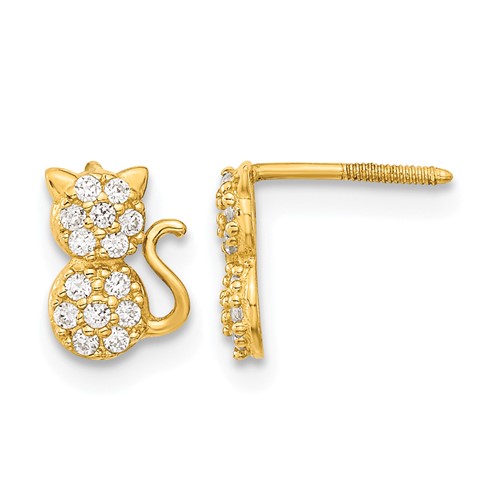 14K Yellow Gold Madi K Polished CZ Sitting Cat Screwback Post Earrings