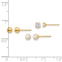 14K Yellow Gold Madi K 4mm Ball 4mm CZ 3-4mm White Round Freshwater Cultured Pearl 3-Pair Post Earring Set view 3