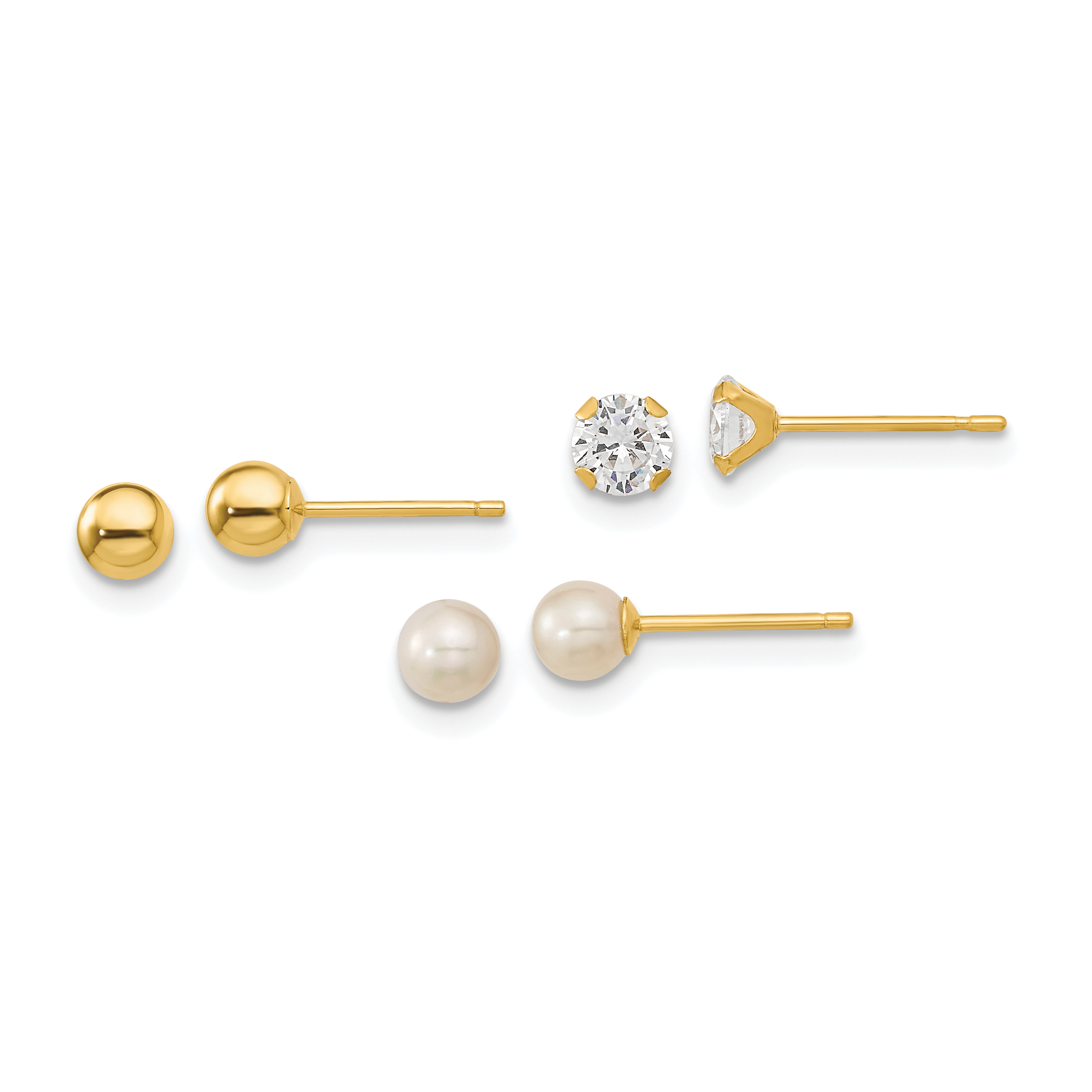 14k Madi K Ball, CZ & Freshwater Cultured Pearl 3 Pair Earring Set (SE2573)
