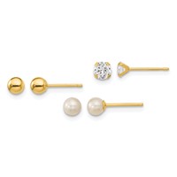 14K Yellow Gold Madi K 4mm Ball 4mm CZ 3-4mm White Round Freshwater Cultured Pearl 3-Pair Post Earring Set view 1