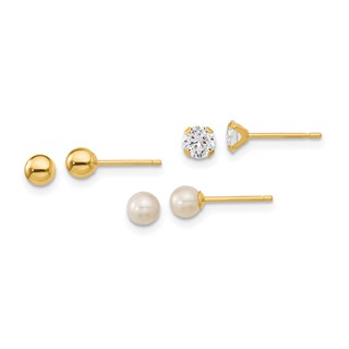 14k Madi K 4mm Ball / 4mm CZ / 3-4mm White Round Freshwater Cultured Pearl 3-Pair Post Earring Set