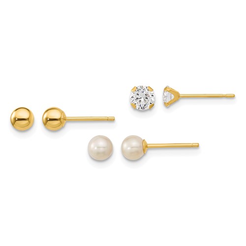 14K Yellow Gold Madi K 4mm Ball 4mm CZ 3-4mm White Round Freshwater Cultured Pearl 3-Pair Post Earring Set