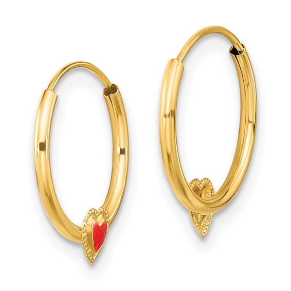 14k Madi K Polished Red Enameled Heart Hoop Childrens Earrings