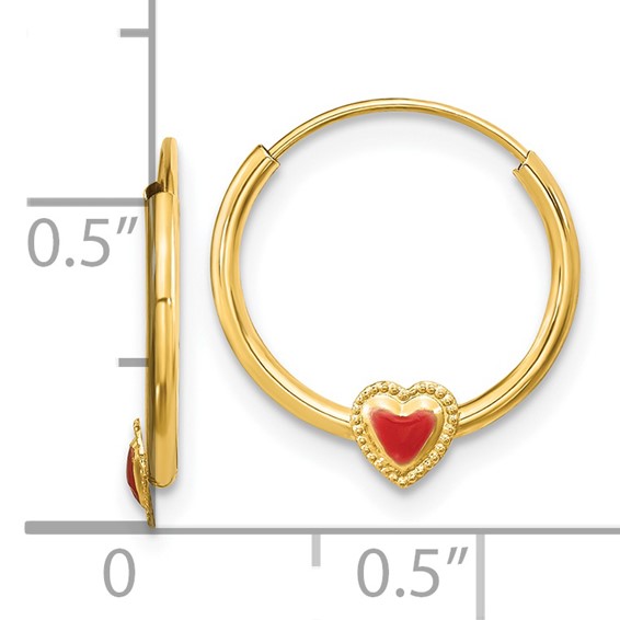 14k Madi K Polished Red Enameled Heart Hoop Childrens Earrings