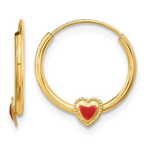 14K Yellow Gold Madi K Polished Red Enameled Heart Hoop Earrings