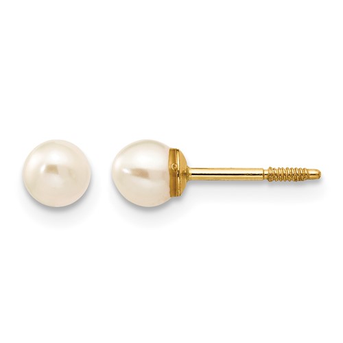 14K Yellow Gold Madi K 3-4mm White Round Freshwater Cultured Pearl Screwback Post Earrings