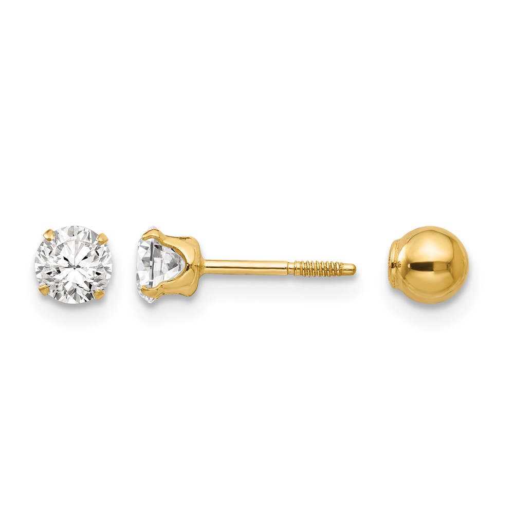 14K Yellow Gold Madi K Polished Reversible 4mm CZ and Ball Post Screwback Earrings