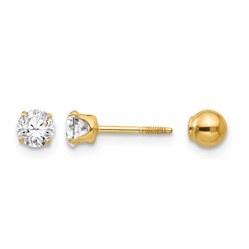 14K Yellow Gold Madi K Polished Reversible 4mm CZ and Ball Post Screwback Earrings
