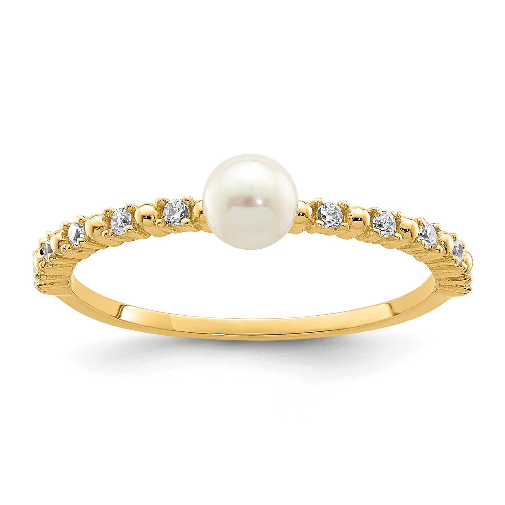 14K Madi K 3-4mm White Button Freshwater Cultured Pearl and CZ Ring (SE2878)