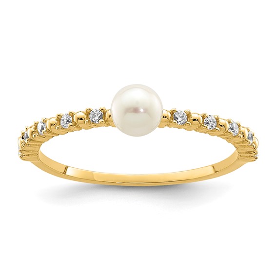 14K Madi K 3-4mm White Button Freshwater Cultured Pearl and CZ Size 4 Baby / Childrens Ring