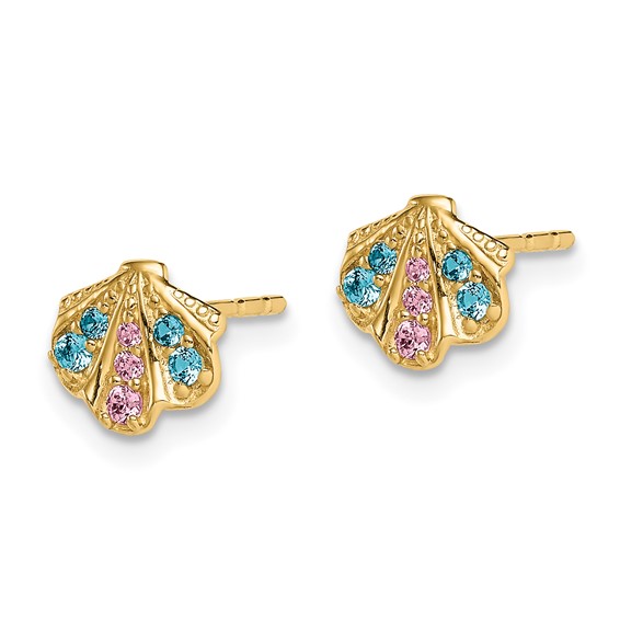 14k Madi K Blue and Pink CZ Seashell Childrens Post Earrings