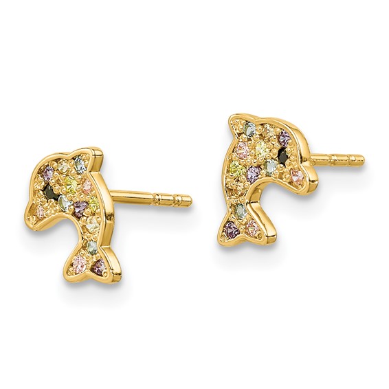 14k Madi K Multi-colored CZ Dolphin Childrens Post Earrings