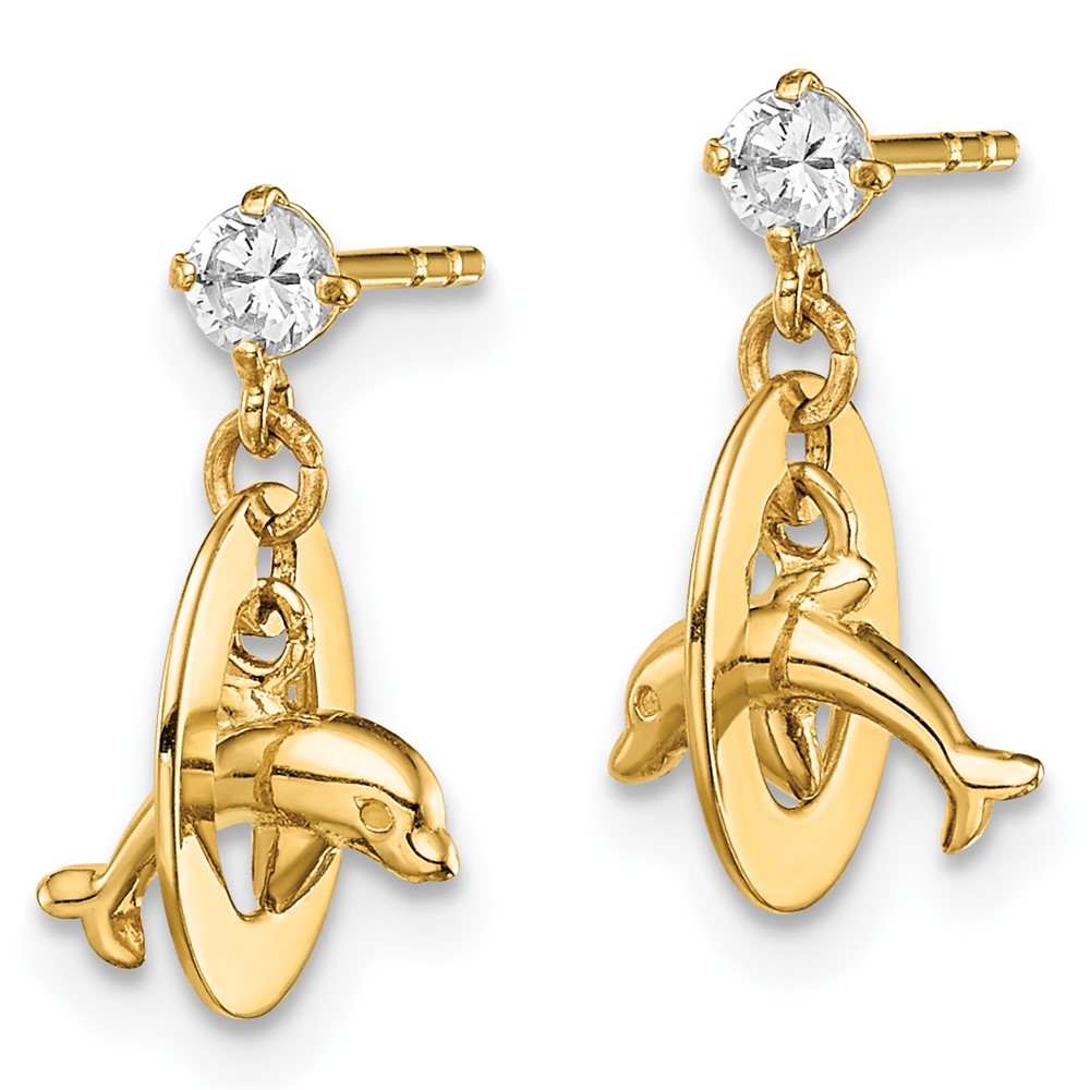 14k Madi K CZ Oval with Dolphin Dangle Post Earrings (SE2891)