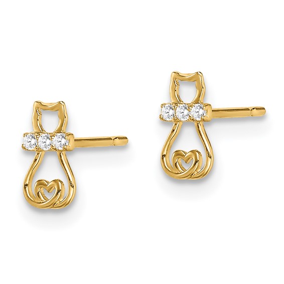 14k Madi K CZ Cat with Heart Tail Childrens Post Earrings