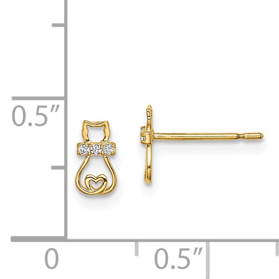 14k Madi K CZ Cat with Heart Tail Childrens Post Earrings