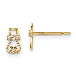 14k Madi K CZ Cat with Heart Tail Childrens Post Earrings