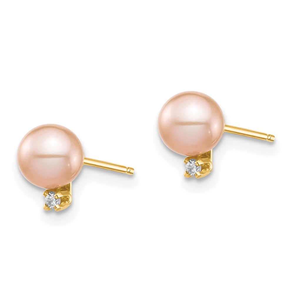 14k Madi K 5-6mm Pink Round Freshwater Cultured Pearl and .02 Carat Diamond Post Earrings with Silicone Backs (SE2925)