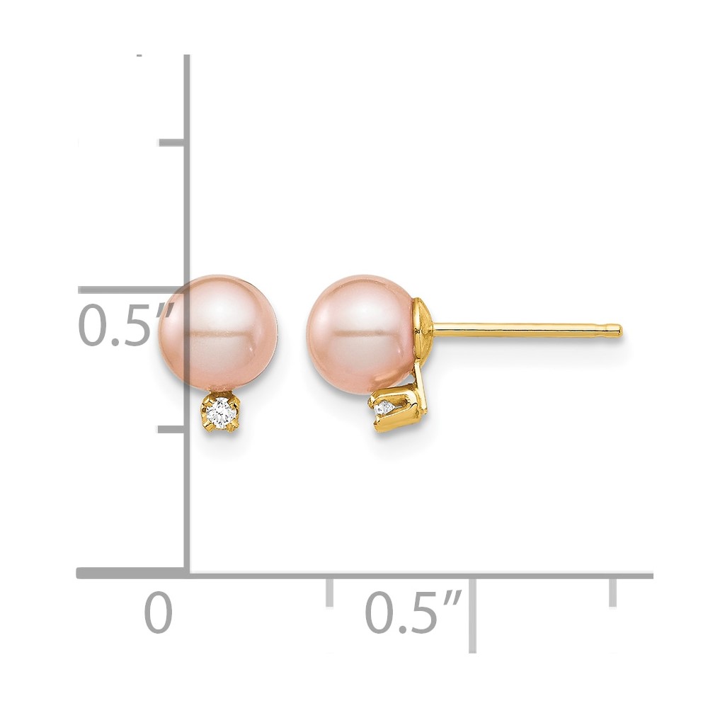 14k Madi K 5-6mm Pink Round Freshwater Cultured Pearl and .02 Carat Diamond Post Earrings with Silicone Backs (SE2925)