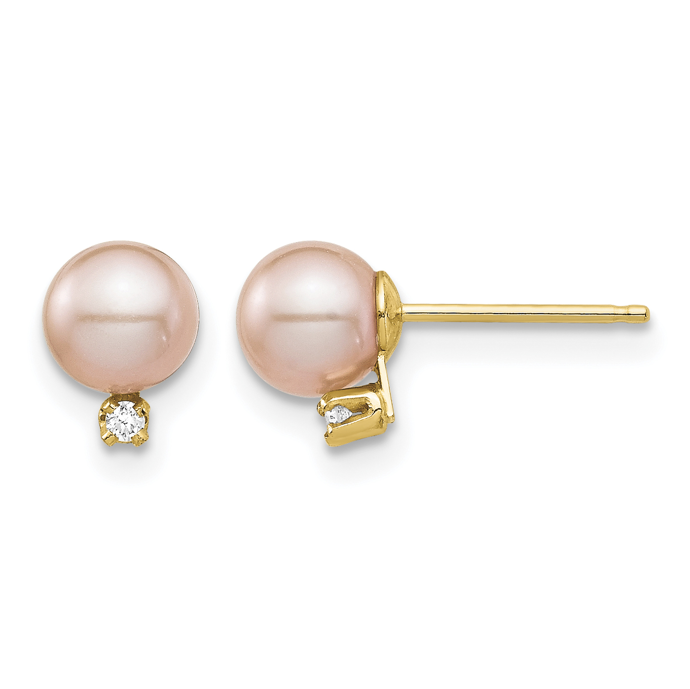 14k Madi K 5-6mm Pink Round Freshwater Cultured Pearl and .02 Carat Diamond Post Earrings with Silicone Backs (SE2925)